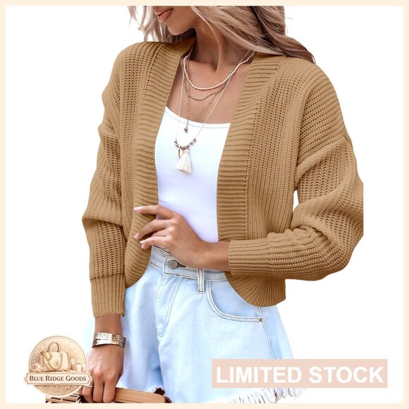 Long Sleeve Open Front Knit Cropped Cardigan Sweater Casual Drop Shoulder